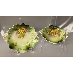 Two Antique Hand Painted Austria Bowl And Saucer Painted /Green Grapes PreOwned